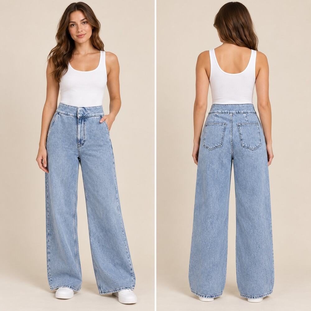 VILA VIBELEN High Rise Wide Leg Jeans EU 34 US 2 XS Light Blue Acid Wash